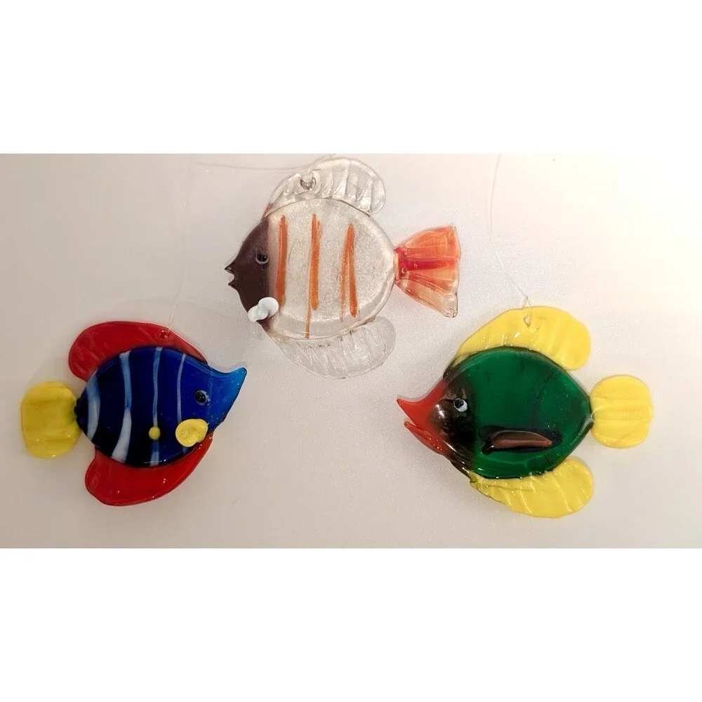 Lot of 3 LS Arts Blown Glass Floating Fish w Bubble Tropical Tank Aquarium Decor